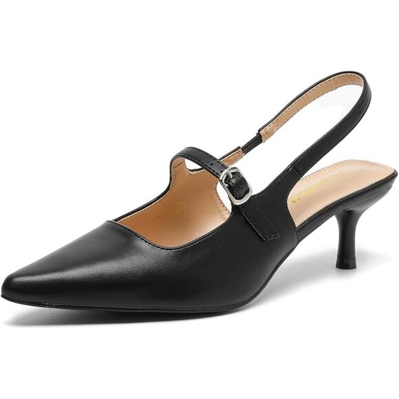 Amoji Women's Black Closed Pointed Toe Kitten Slingback Low Heel Pumps For Party - Picture 1 of 8
